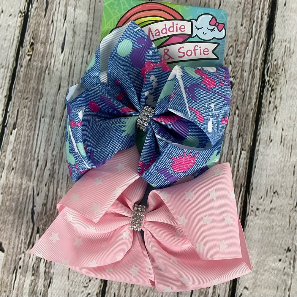 Maddie & Sophie XL Hairbows XLarge Paint Spatter Denim Look Cheer Bows Dazzles - Picture 3 of 4